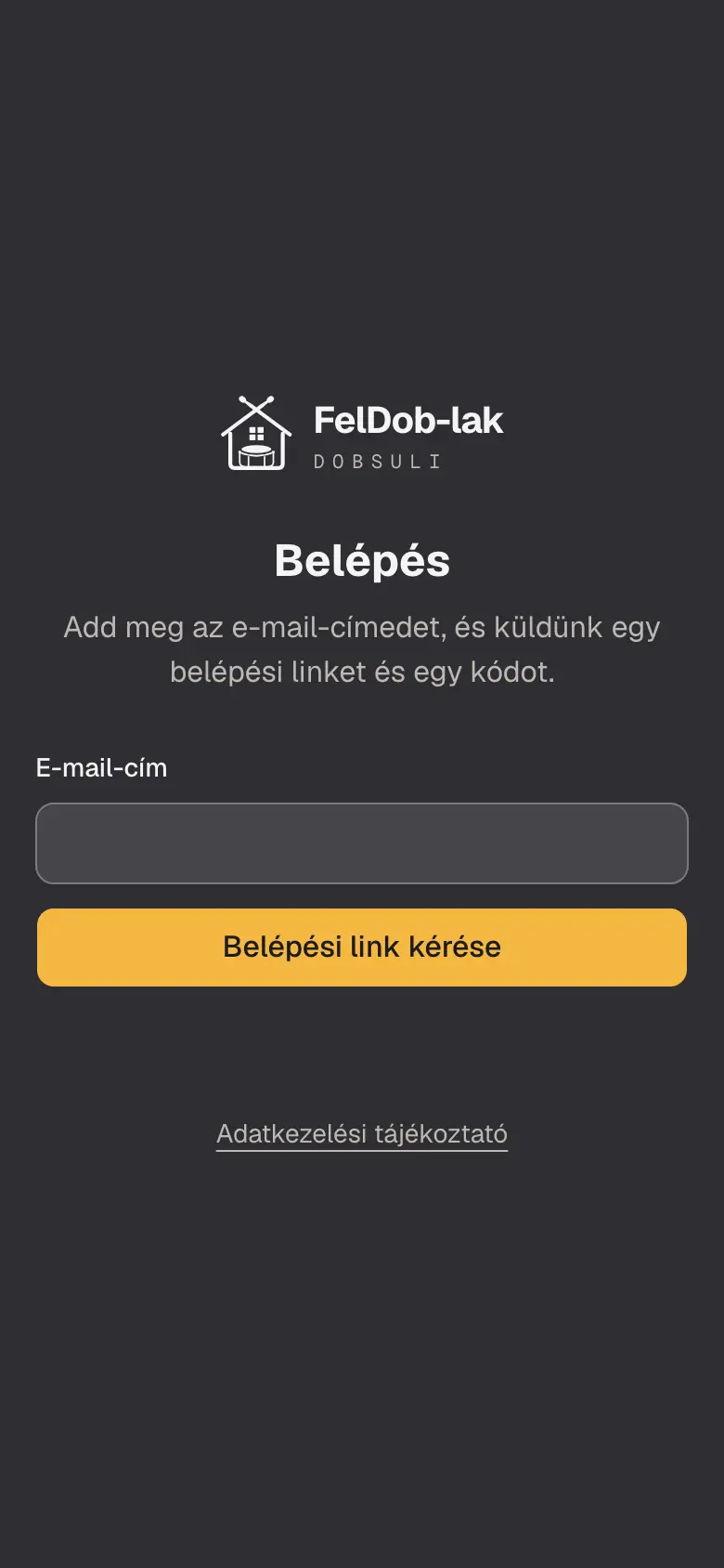 A belépőoldal telefonon: e-mail-cím és belépési link, jelszó nélkül.
