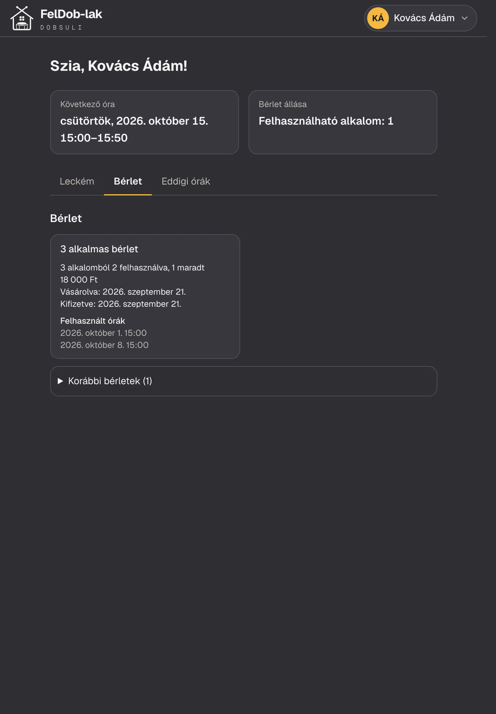 A diák bérlete tableten: hány alkalomból mennyi maradt, mennyibe került, rendezve van-e, és mely órákon fogyott.