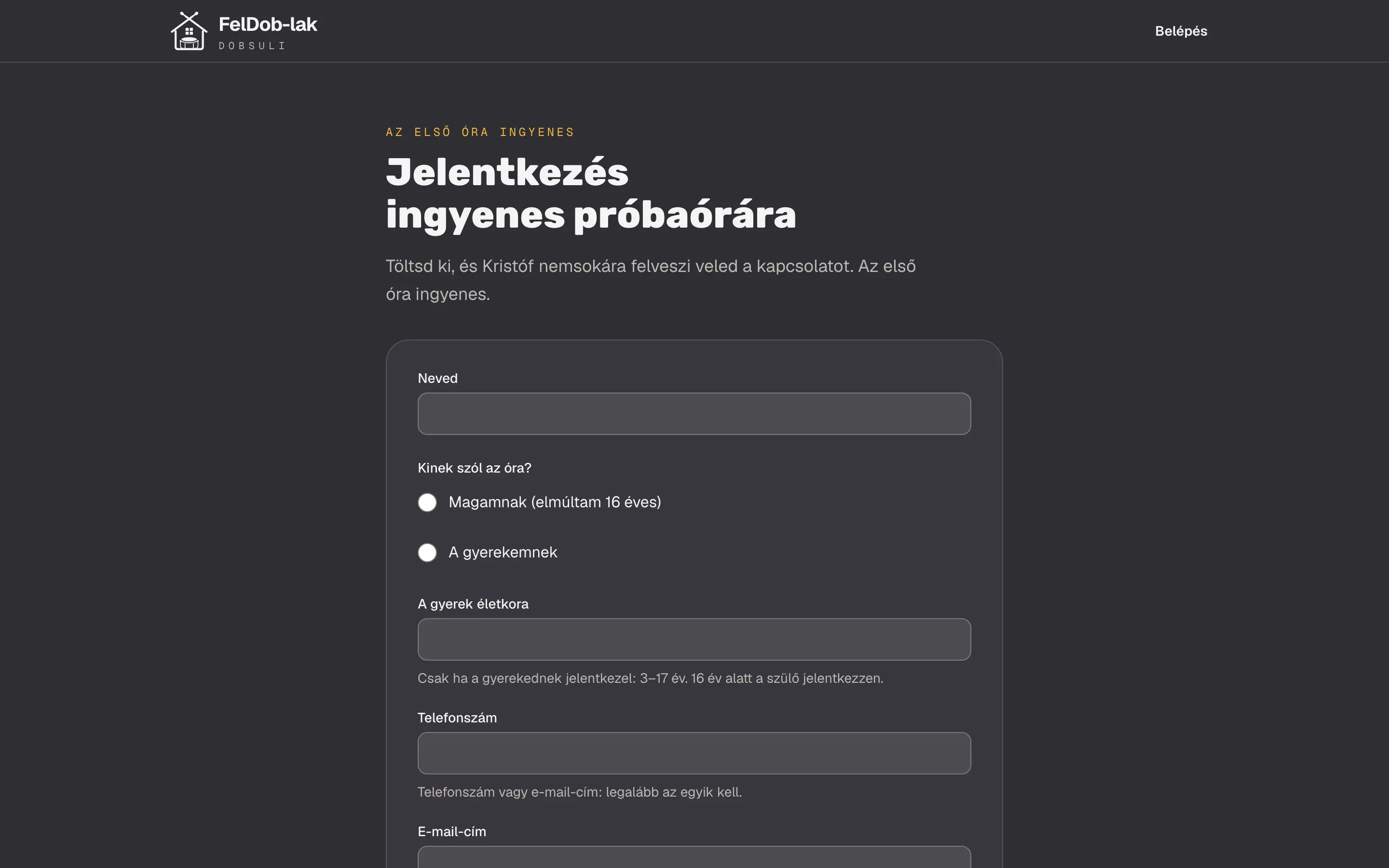 A próbaóra-űrlap laptopon: a jelentkező neve, kinek szól az óra, és az elérhetősége, egy perc alatt kitölthetően.