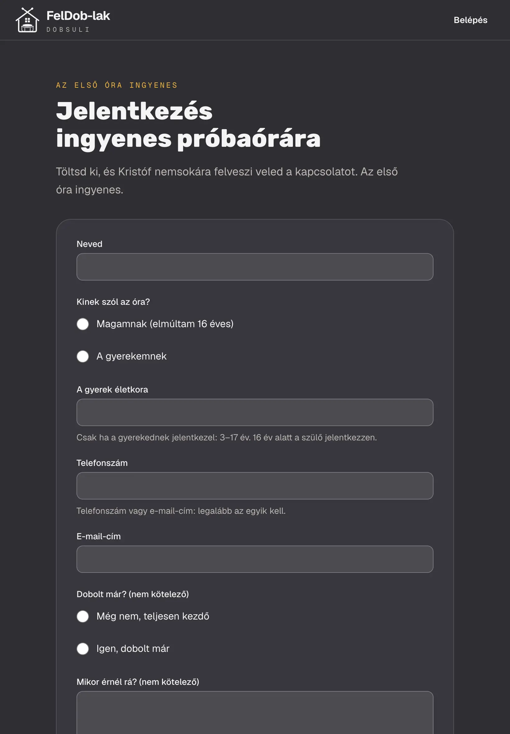 A próbaóra-űrlap tableten: a jelentkező neve, kinek szól az óra, és az elérhetősége, egy perc alatt kitölthetően.