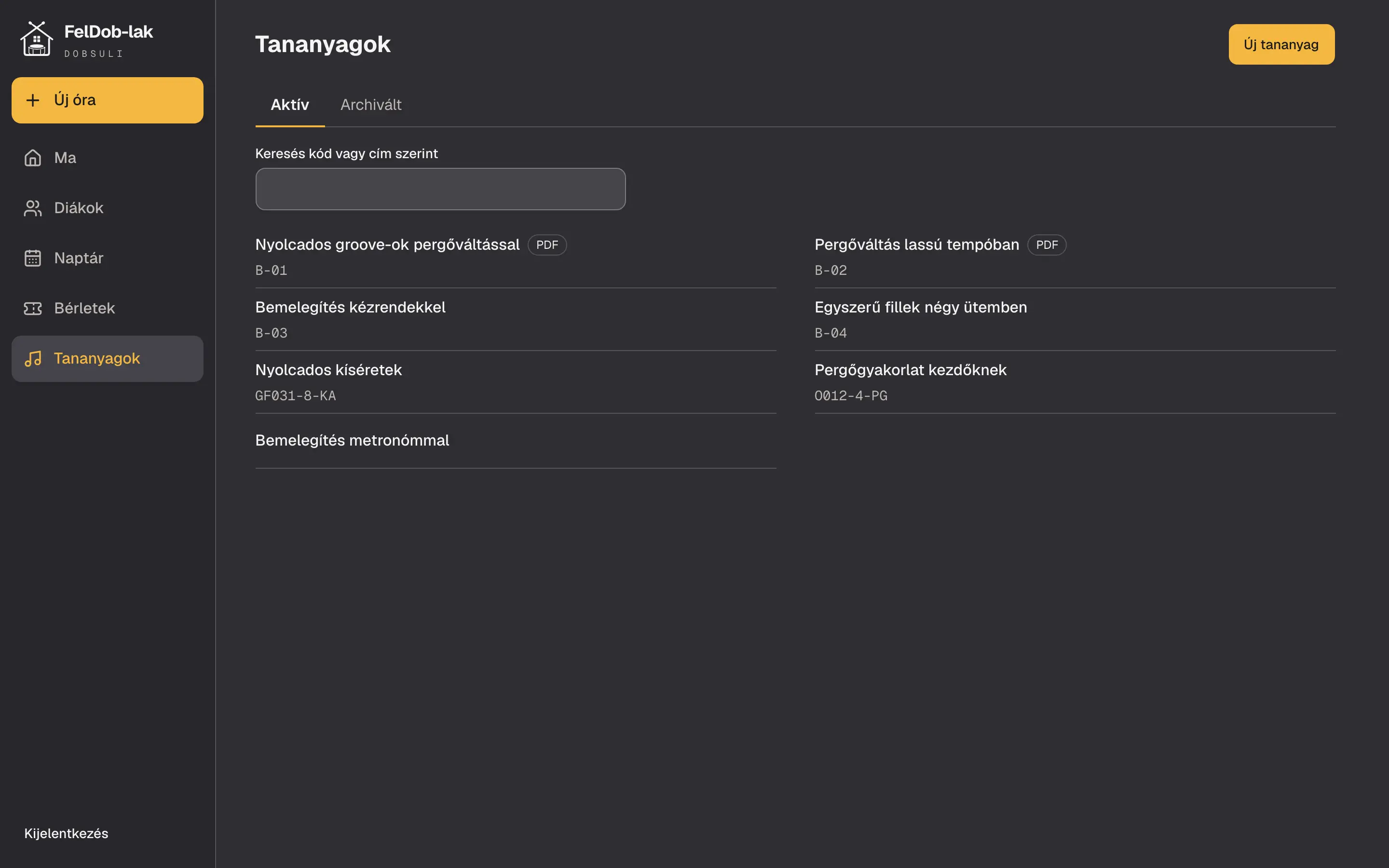 A tananyagtár laptopon: Kristóf kottái egy helyen, kódra és címre kereshetően.