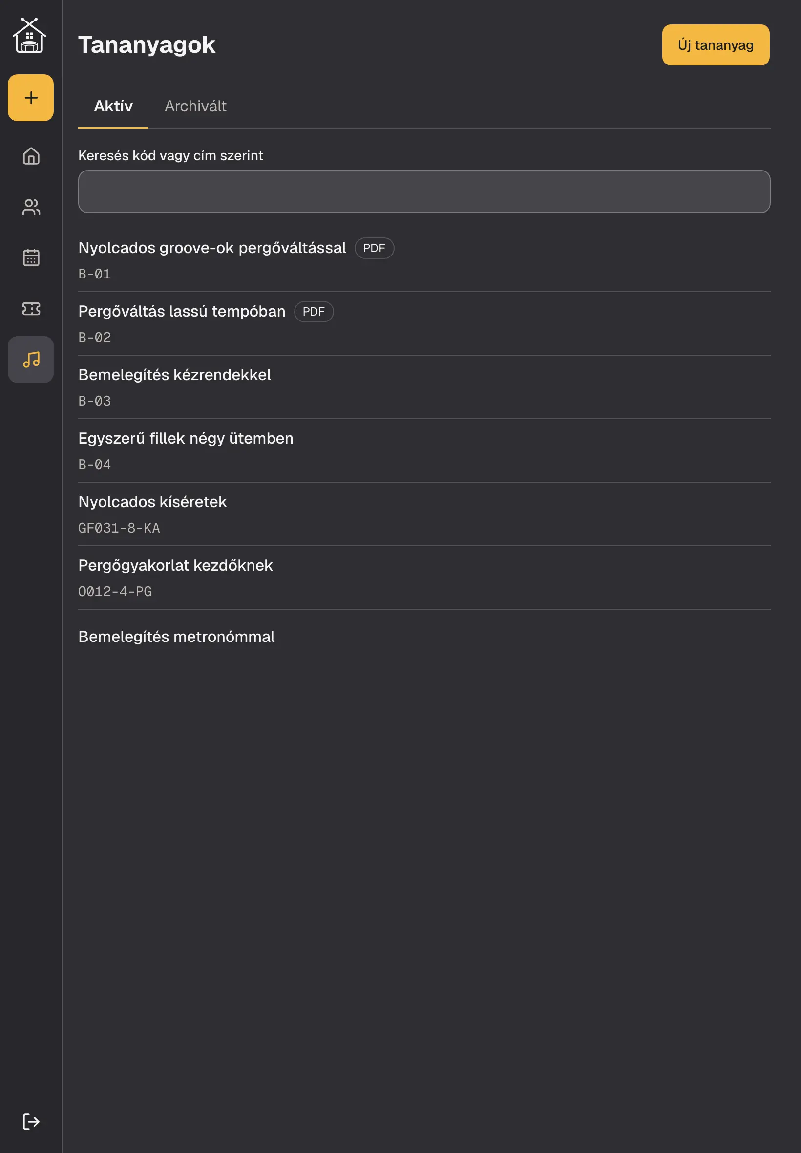 A tananyagtár tableten: Kristóf kottái egy helyen, kódra és címre kereshetően.